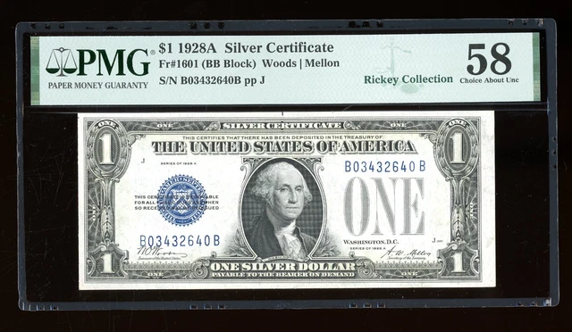 DBR 1928-A $1 Silver Funnyback Fr. 1601 BB Block PMG 58 Serial B03432640B