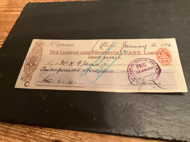 The London & Provincial Bank Limited Cheque 12-1-1914 £12-0-4