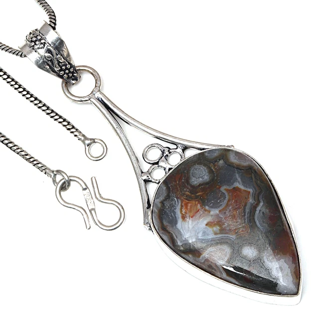 Pendant Crazy Lace Agate Gemstone Valentine'Day Gift Silver Jewelry 2.75"