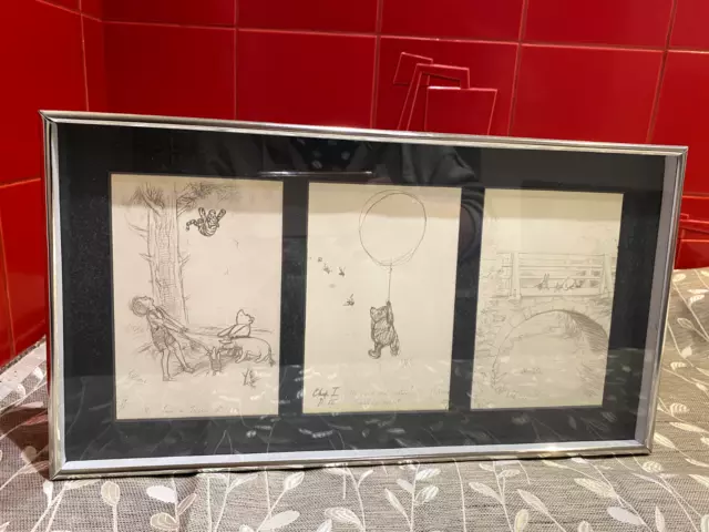 Winnie The Pooh, Pencil Sketch 3 x Print, Ernest Howard Shepard 39 x 20cm Framed
