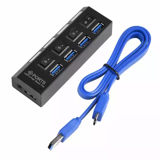 Ladron HUB USB 3.0/2.0 de 4 Puertos Transferencia de Datos hasta 5Gbps C/Negro