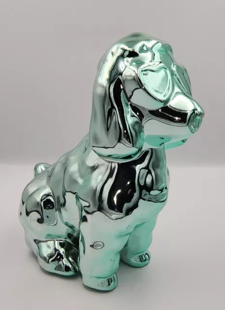 Chrome Ceramic Poodle Piggy Bank Beautiful Collectors Piece Green Blue Color
