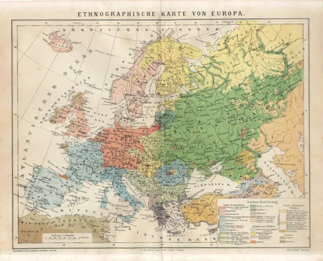 1882 EUROPE PEOPLE ETHOGRAPHIC MAP GERMANY RUSSIA FRANCE AUSTRIA TURKEY Map