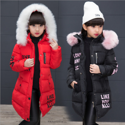 Girls Kids Padded Coat School Quilted Winter Jacket Puffer Fur Hooded Long Parka