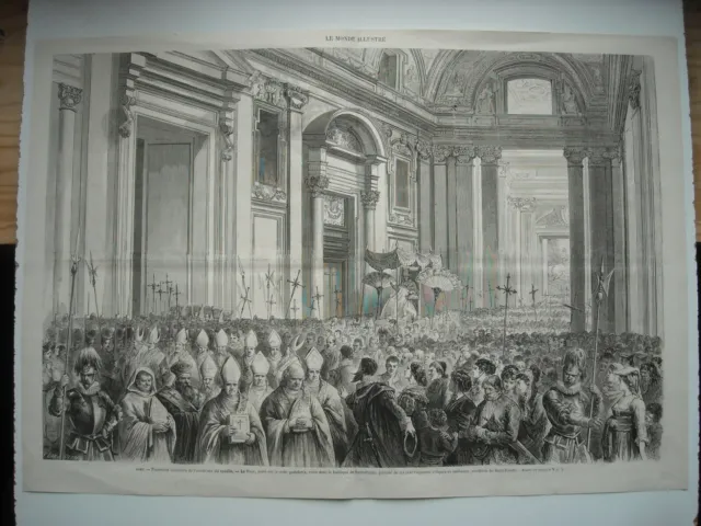Gravure 1869. Rome. Ouverture Du Concile. Le Pape, Porte Sur La Sedia Gestatoria