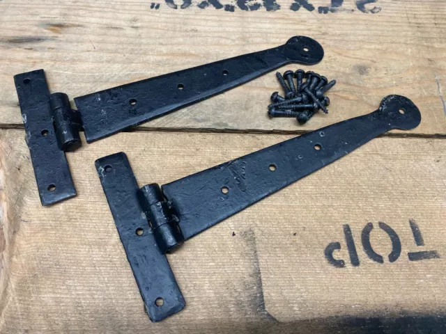 1 Pair Vintage Retro Look Hand Forged 9" Penny End Tee T Hinges Strap Waxed Pe90