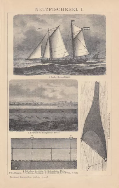 Lithografien 1898: NETZFISCHEREI. I/II. Fischer Schiffe Meer Ozean Netz Fisch