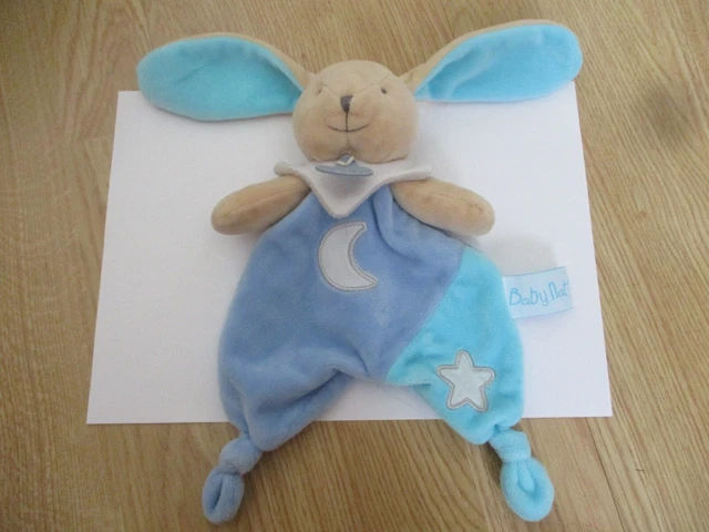 Doudou plat lapin babynat' bleu marron lune étoile luminescent baby nat