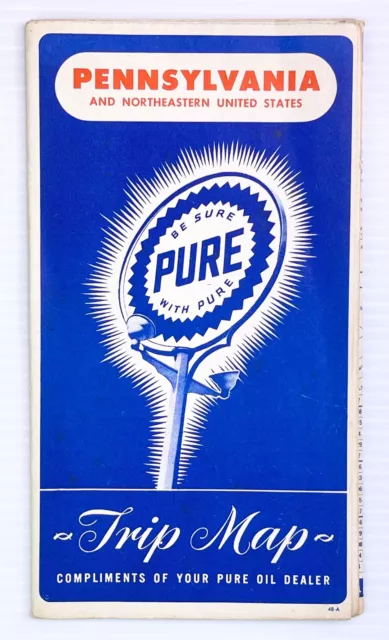 1940s Pure Oil Pennsylvania / Northeast US Trip Road Map Vintage Oil & Gas