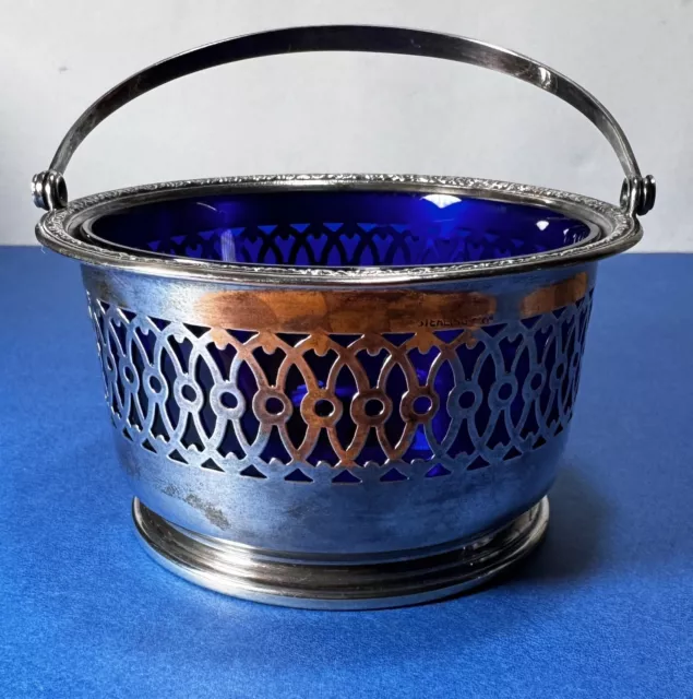 Antique Sugar Basket Sterling Silver & Cobalt Blue Glass & Hinged Handle