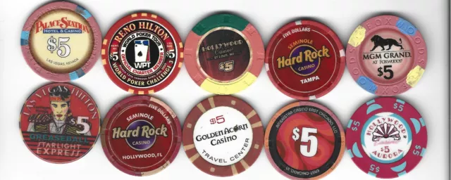 10 Different $5 Casino Chips From  Casino In Various Locations!