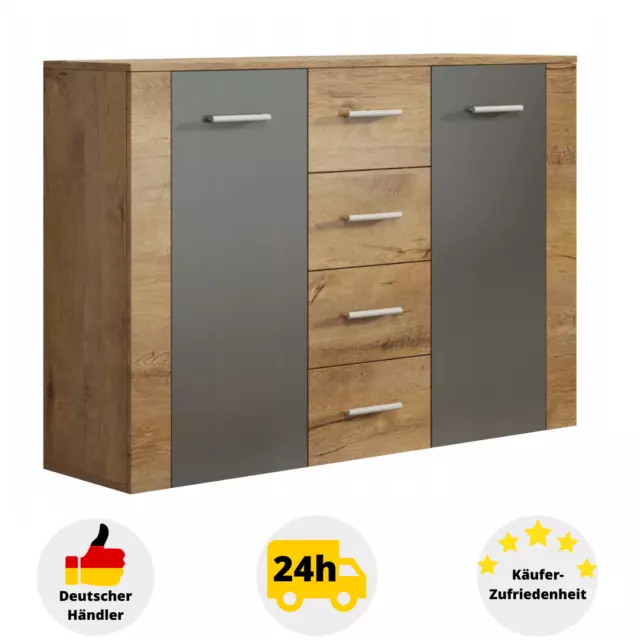 Kommode Sideboard Highboard Holz Grau Schublade Schrank Mehrzweckschrank 112 cm