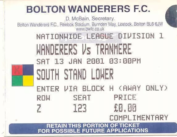 Ticket - Bolton Wanderers v Tranmere Rovers 13.01.01