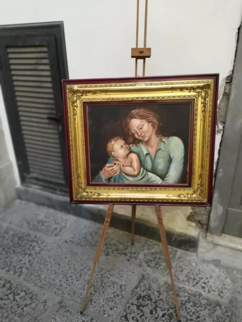 quadro antico dipinto a mano ad olio su tela ritratto maternità  900