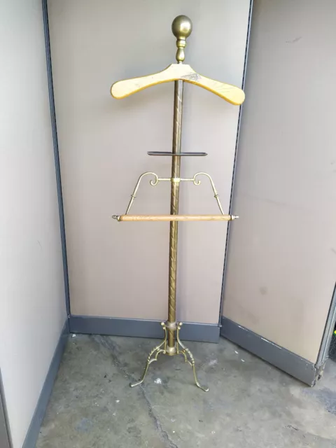 Vintage Louis XVI Style Brass & Oak Suit Valet Stand Hanger, 57" Tall