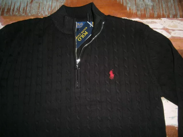 POLO Ralph Lauren Men’s Cable-Knit Cotton Quarter-Zip Jumper Black Size XL BNWT