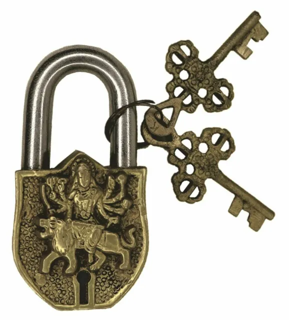 Goddess Durga Design Door Lock Antique Vintage Style Brass Handcrafted Padlock