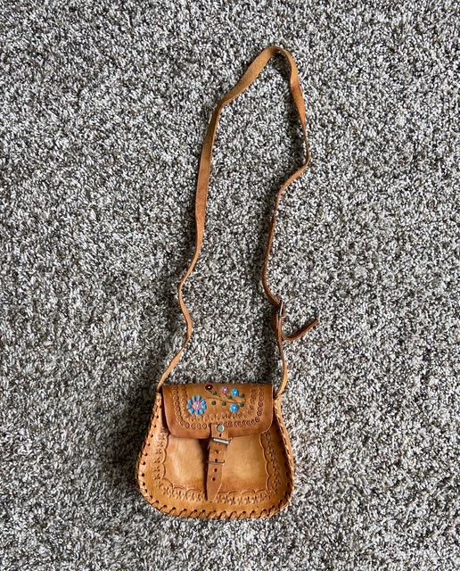 Vintage 60s 70s Hand Tooled Painted Leather Floral Saddle Shoulder Bag Purse