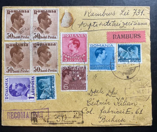 1938 Bucarest Romania Commercial Registered Cover To Buhusi M Martin