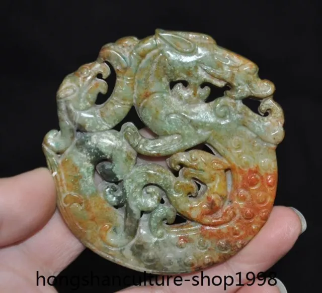2.8" Ancient China dynasty Old Jade Carved dragon phoenix statue Jade Bi Pendant