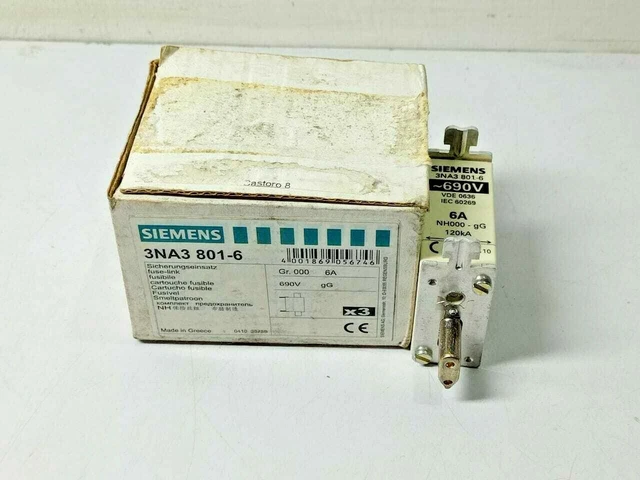 Siemens 3NA3 801-6 Fusible VDE 0636 IEC 60269 6a 690v Nh000-gg 120ka - 3pc Lot