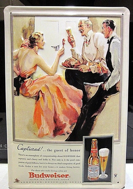 BUDWEISER- OLD ADVERT: EMBOSSED 3D METAL ADVERTISING SIGN 30x20cm BAR/PUB/CAFE