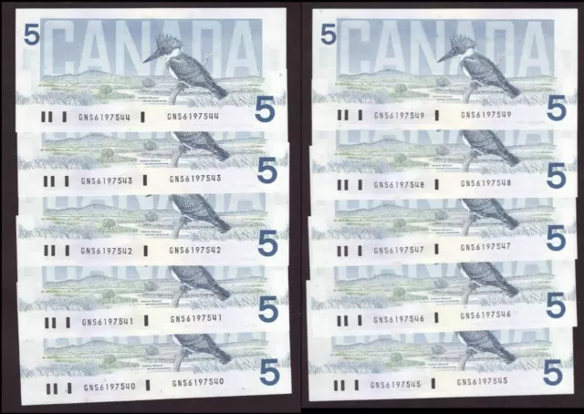 10x 1986 Canada $5 consecutive notes Theissen Crow GNS6197540-9 Choice UNC