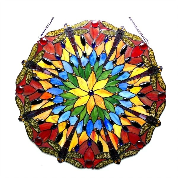 24" Tiffany-style stained glass Round Floral Dragonfly Window Panel
