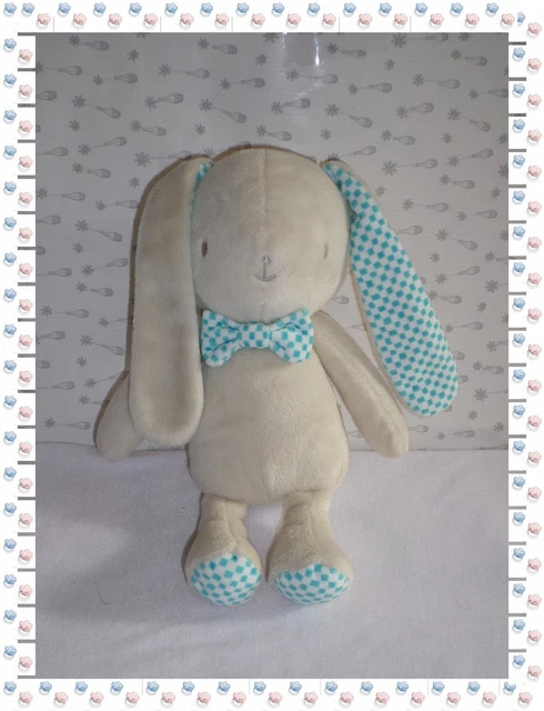 Ω - Doudou Peluche Lapin  Ecru Carreaux Bleu/Blanc  Noeud Papillon  Klorane