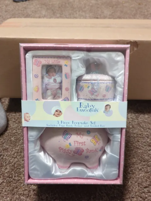 Baby Essentials 3 Piece Ceramic Keepsake Set-Piggy Bank, Frame, Trinket Box Girl