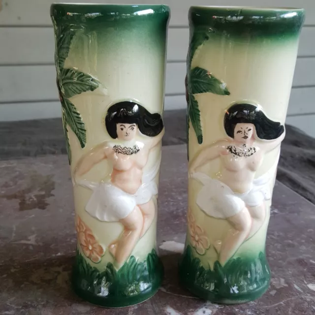 A pair of harverys tiki themed topless hula dancers and palm trees cups 3