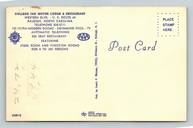 RALEIGH NC-NORTH CAROLINA College Inn Motor Lodge Restaurant Vintage