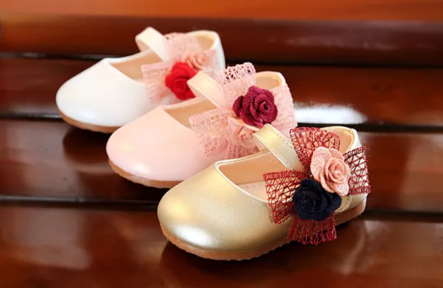 Baby Girls Flower Bow Christening Party Shoes Gold Pink White 3 6 9 12 15 Months