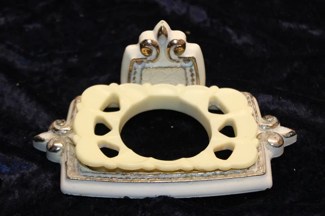 Vintage Gold White Fleur De Lis Metal Bathroom Toothbrush Holder