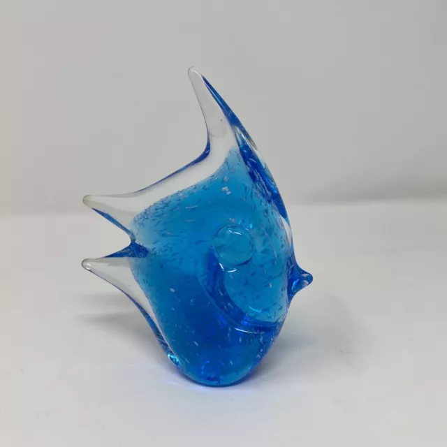 Blown Art Glass Fish Figure Paperweight Shades of Ocean Blue White Sea Decor Art