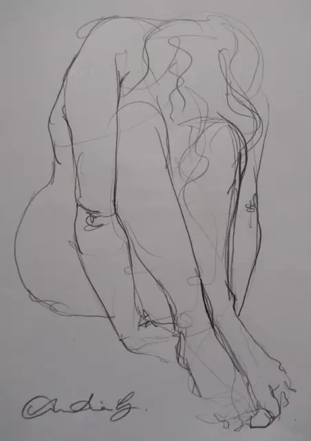 Original Bleistift figurative ausdrucksstarke Zeichnung einer weiblichen nackten Boden Sitzpose
