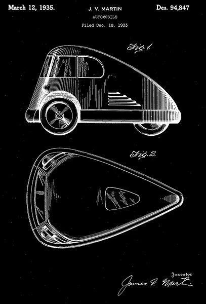 1935 - Three Wheel Vehicle - Automobile - J. V. Martin - Patent Art Magnet