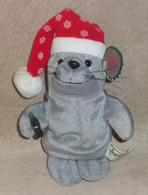 1997 COCA COLA Bean Bag Plush Christmas Gray SEAL w Bottle & Red Snowflake Cap