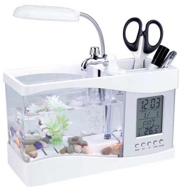 Multifunctional Fish Tank - USB Rechargeable LED Light Clock Pen Holder Music