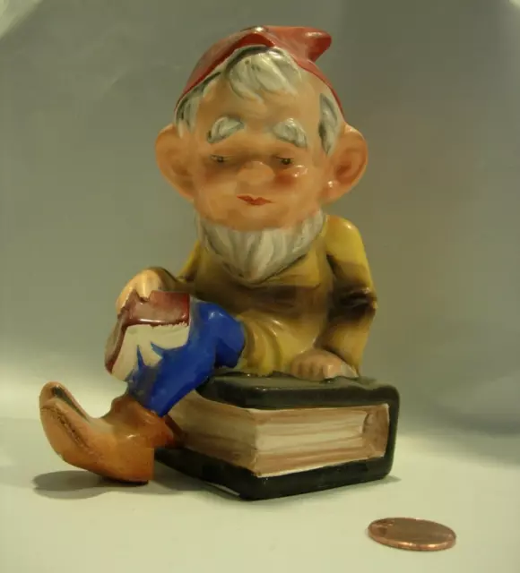 vintage Ceramic Pixie Elf Gnome Sitting shelf book Figurine old man Japan 6"