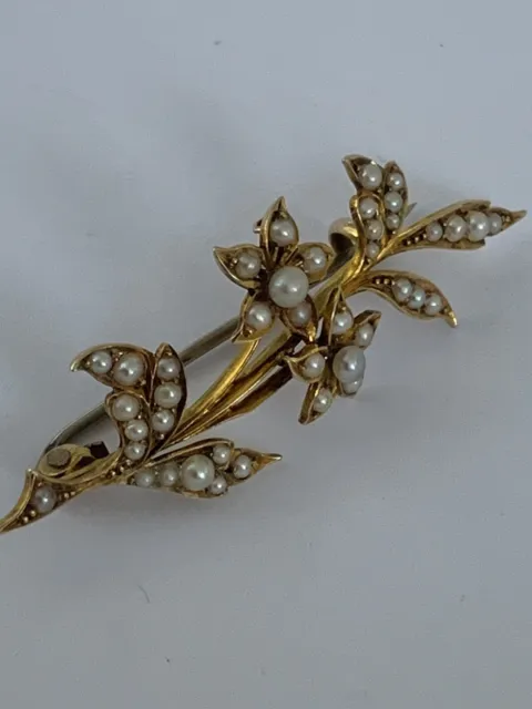 Fine Victorian 15ct Gold Natural Seed Pearl Floral Spray Brooch Circa 1880