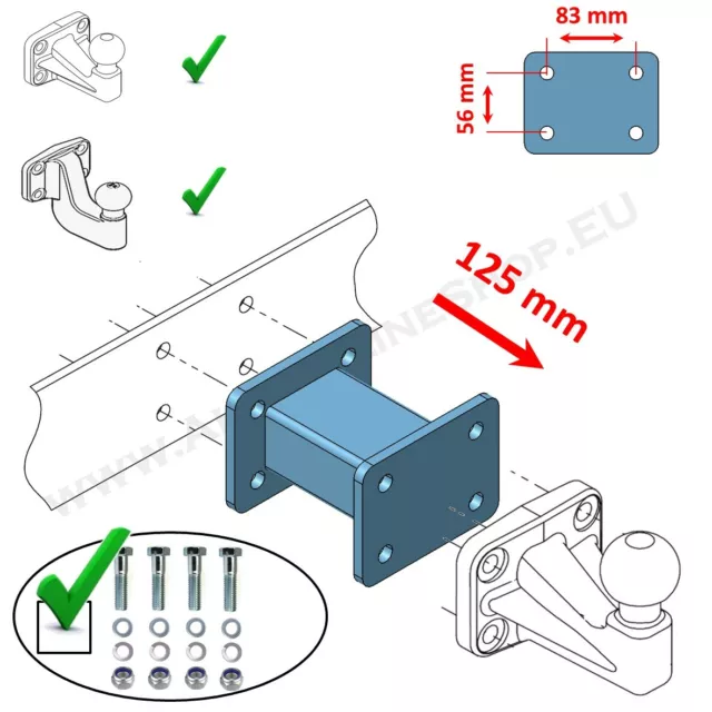 Tow Ball Spacer Block Towbar Extension 125mm 4 hole 83x56 Heavy Duty Universal