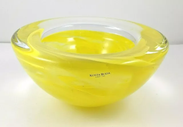 Kosta Boda Hand Blown Art Glass Yellow Swirl Bowl Sweden Artist Anna Ehrner