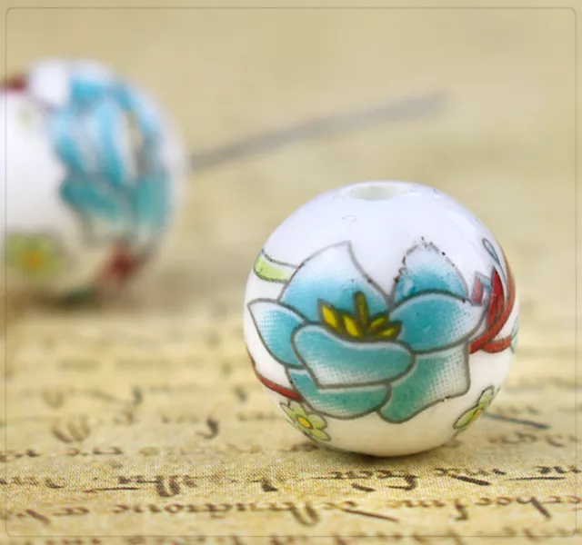 4 Porzellan Keramik Perlen Beads Schmuck DIY Basteln Blumen floral bedruckt 12mm