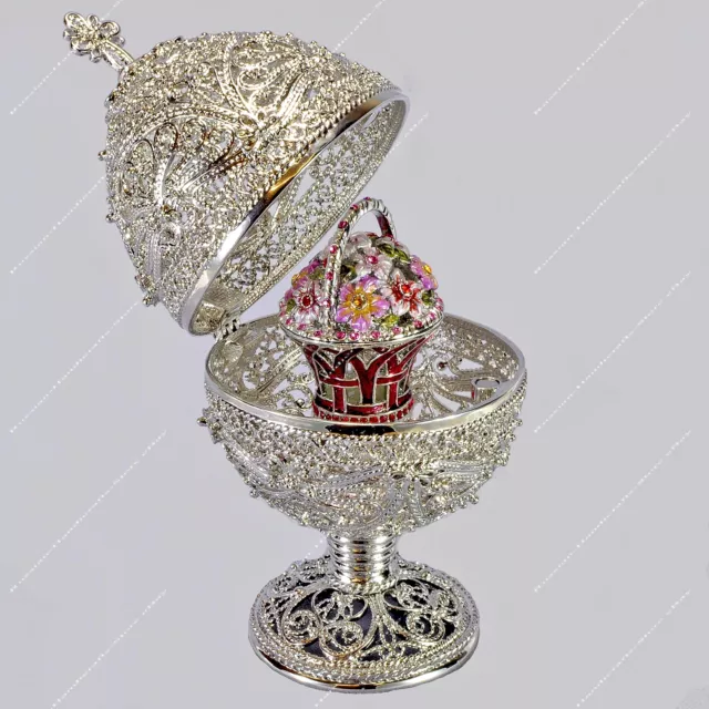 5.4 " Argent Oeuf de Pâques Boîte à Bijoux st-Petersburg Russe Fabergé