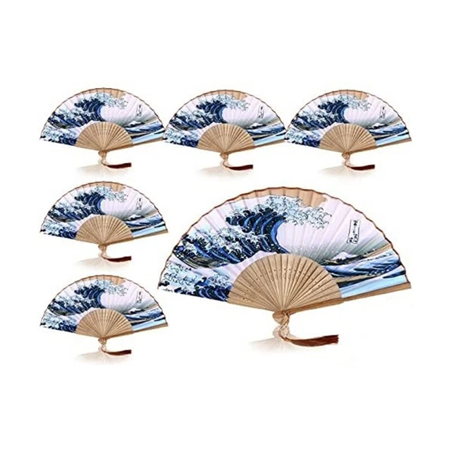 6 piezas Bambú Seda Pliegues Ventilador Olas Marinas Japonesas Tazón de Mano A8A5
