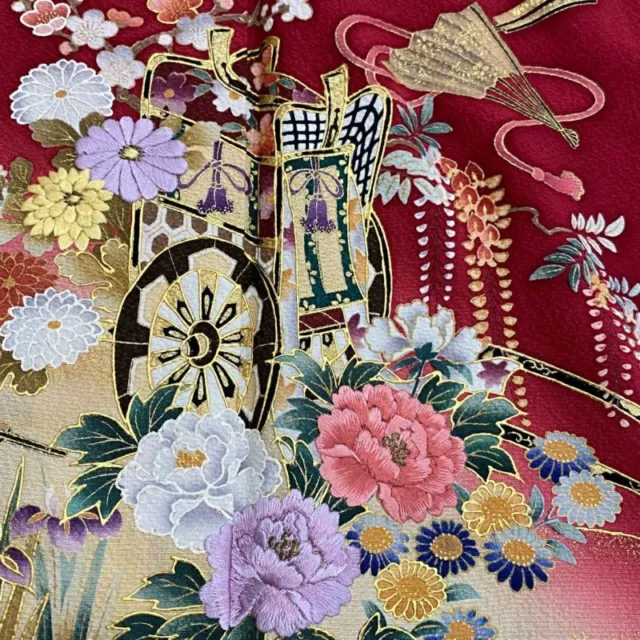 JAPANESE KIMONO FURISODE LONG SLEEVES LADIES WOVEN SILK 100% GOLD Embroidery 158 3