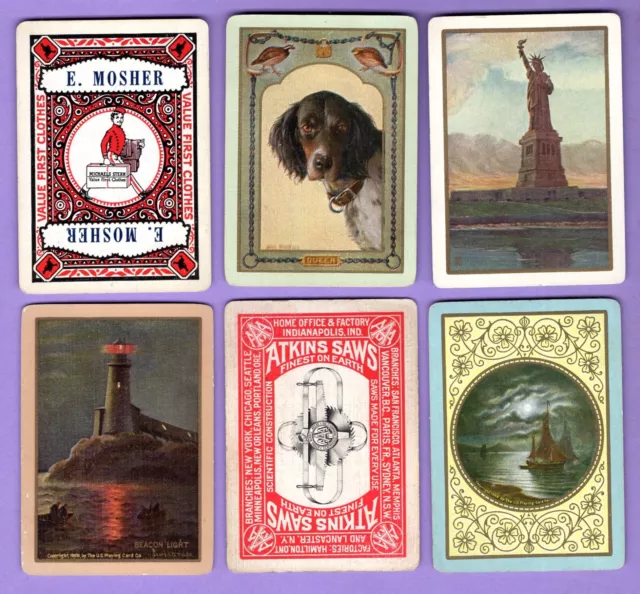 6 Single Swap Playing Cards ANTIQUE WIDE DOG LIGHTHOUSE ADS SAILBOAT ETC VINTAGE