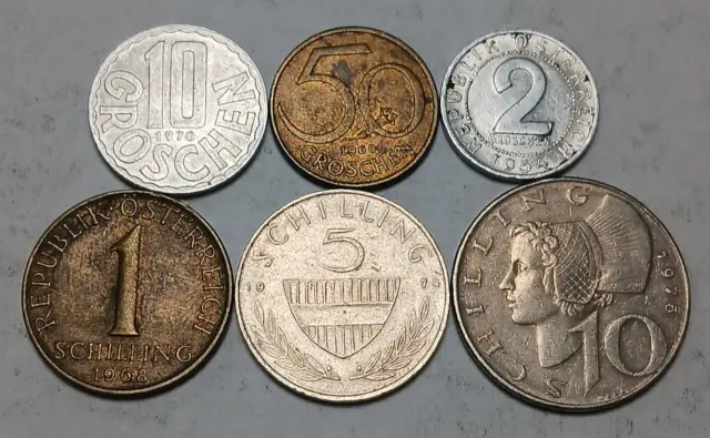 Austria Type Set - 2 Groschen to 10 Schilling - 1954-1975 6x Coins 2
