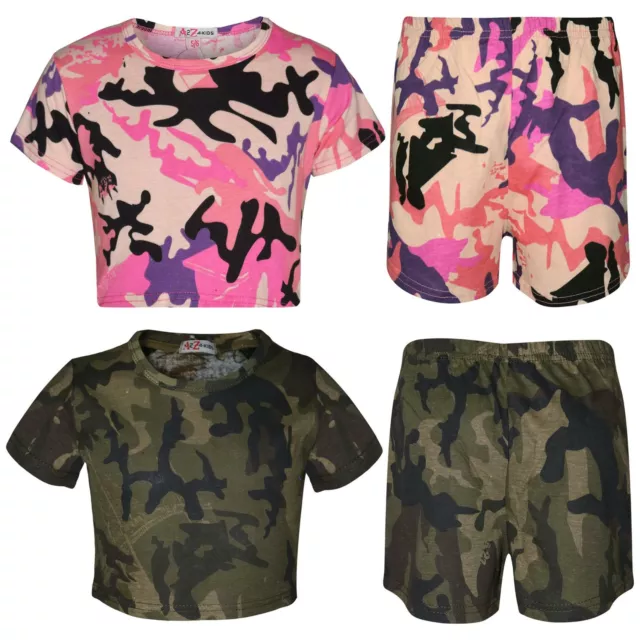 Kids Girls Crop Top & Shorts Camouflage Print Fashion Summer Outfit Sets 5-13 Yr